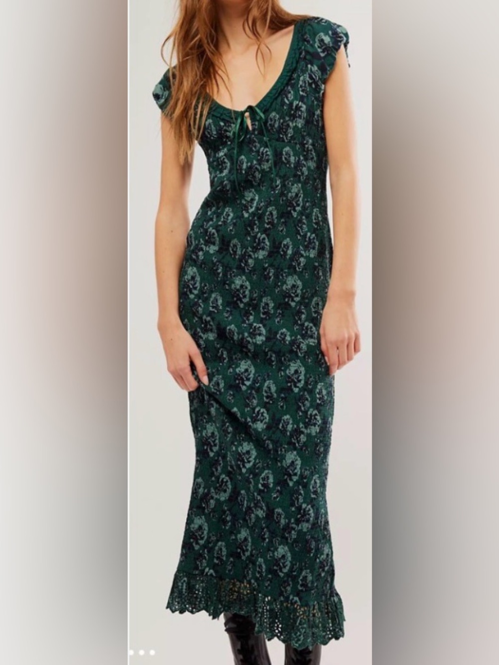 Free People Mckenna Dobby Smocked Slim Fitted Eyelets Ruffles Midi Dress XL